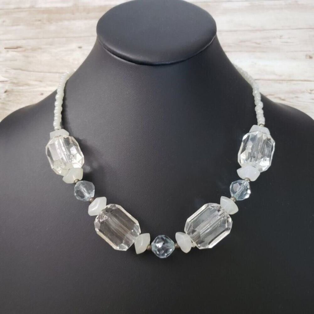 Vintage Necklace Clear, Cream & Light Blue Beaded Necklace